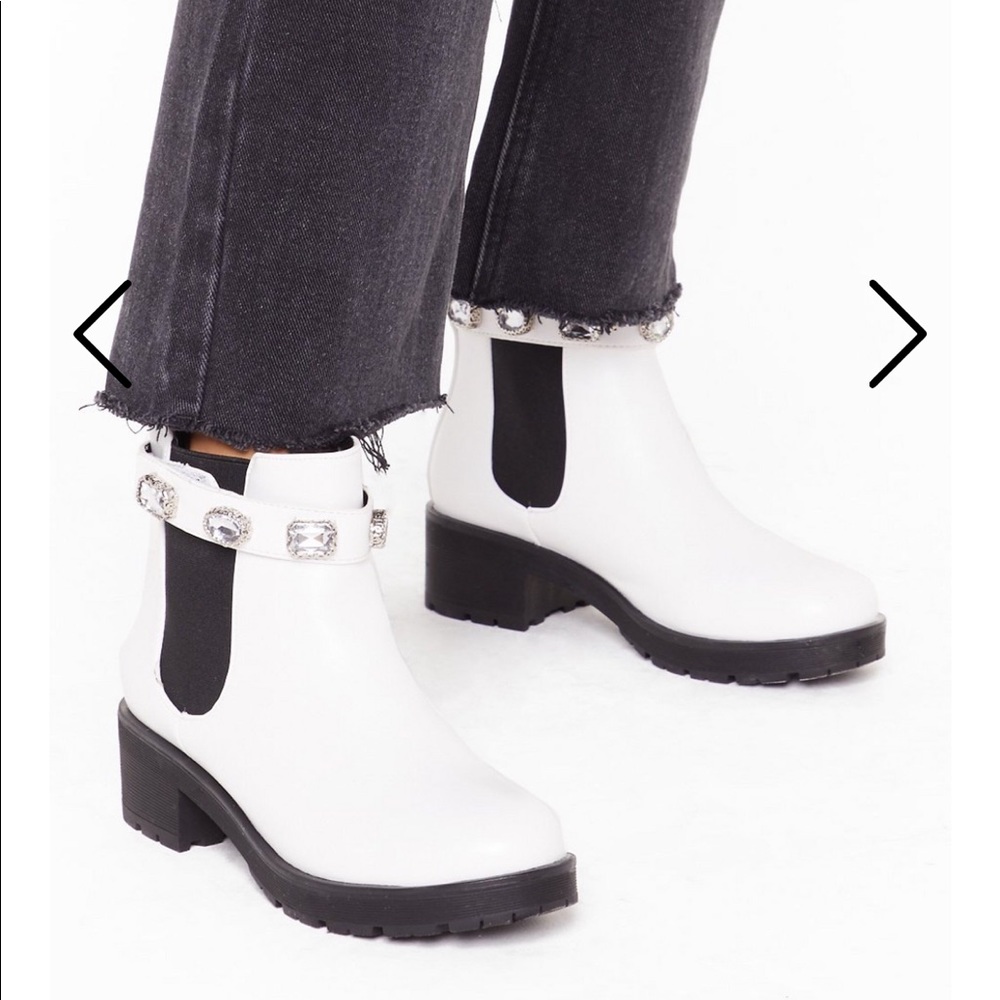 NastyGal white jeweled boots